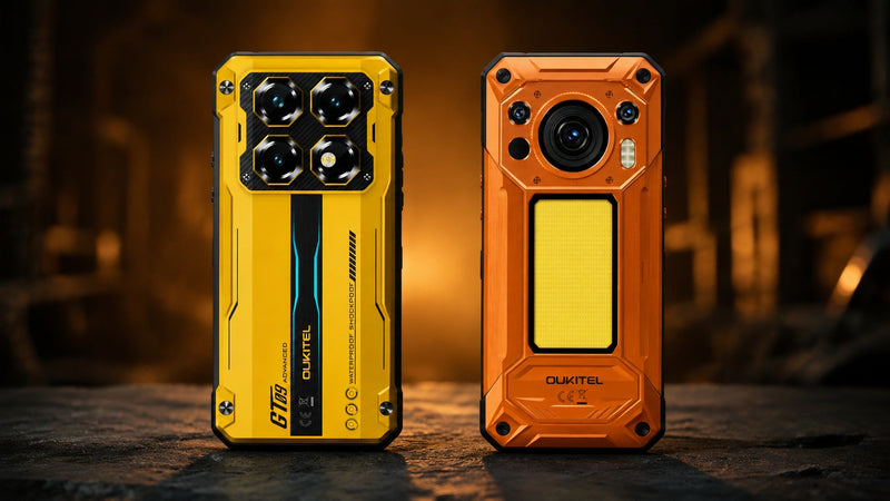 OUKITEL 10,000mAh rugged phones displayed in an orange-lit industrial setting