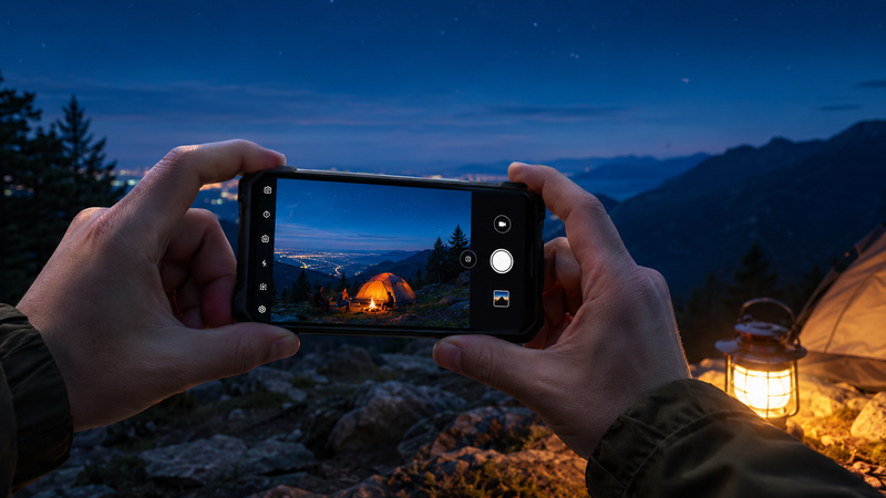 OUKITEL rugged phone taking night photos at a campsite
