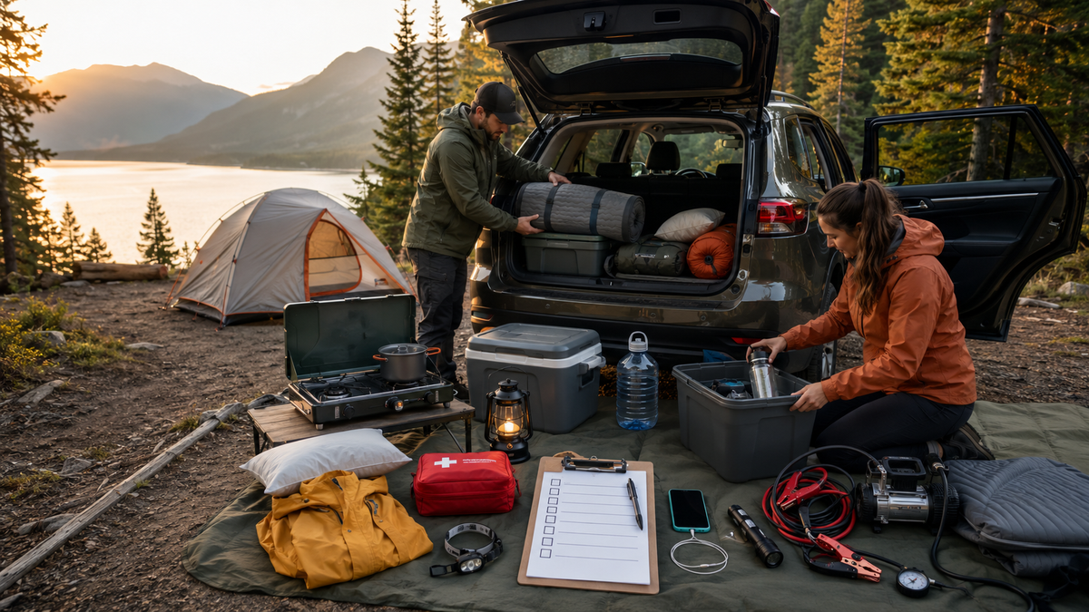 Campers organizing essential gear beside a vehicle at a mountain campsite