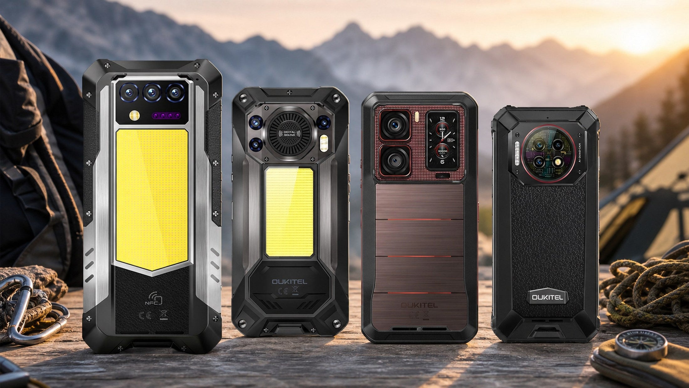 OUKITEL WP100 Titan, WP61, WP300, and WP19 Pro big-battery phones at an outdoor basecamp