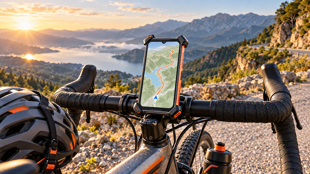 Rugged smartphone mounted on bicycle handlebars for cycling navigation
