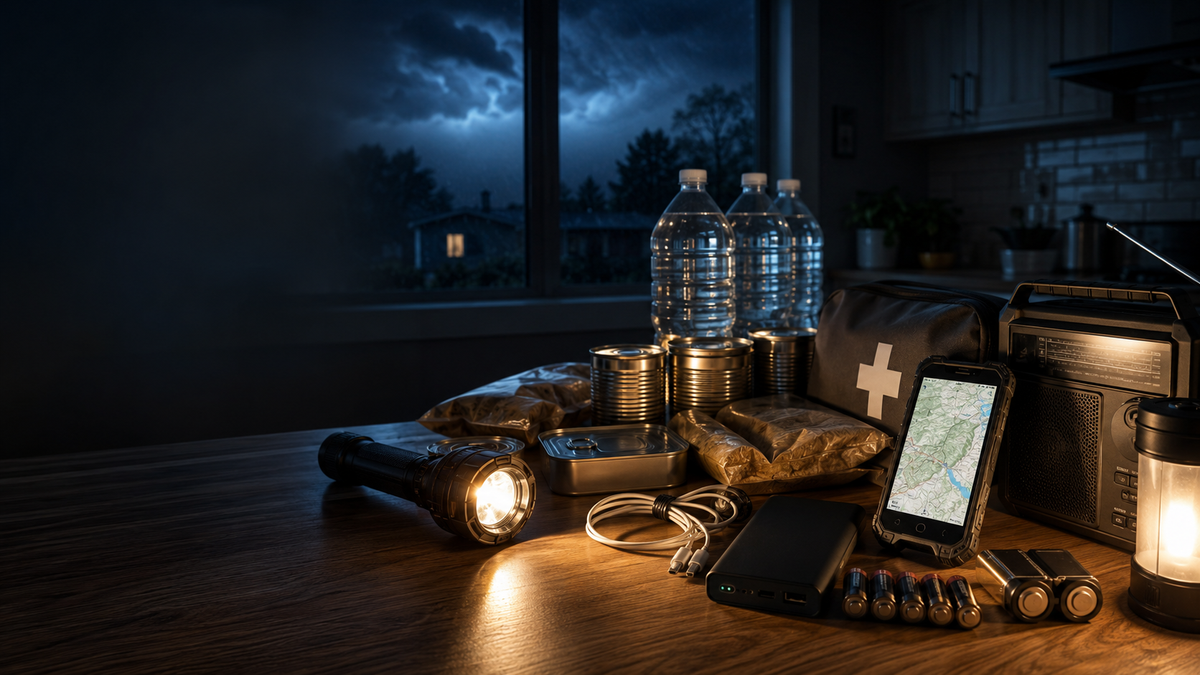 Power outage essentials with water, emergency food, a flashlight, radio, power bank, and rugged smartphone