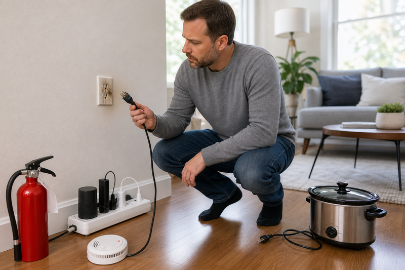 Homeowner reviews electrical safety beside a wall outlet, power strip, appliance, smoke alarm, fire extinguisher, and visible warning signs of overheating