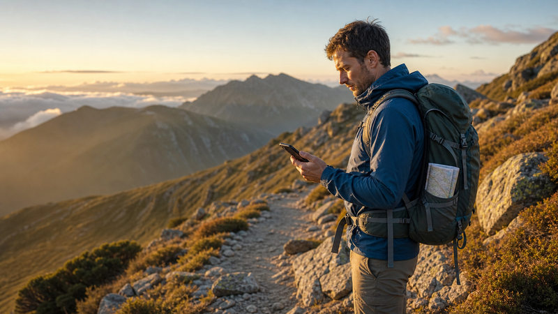 Hiker checking a rugged phone on a mountain trail with a paper map in his backpack