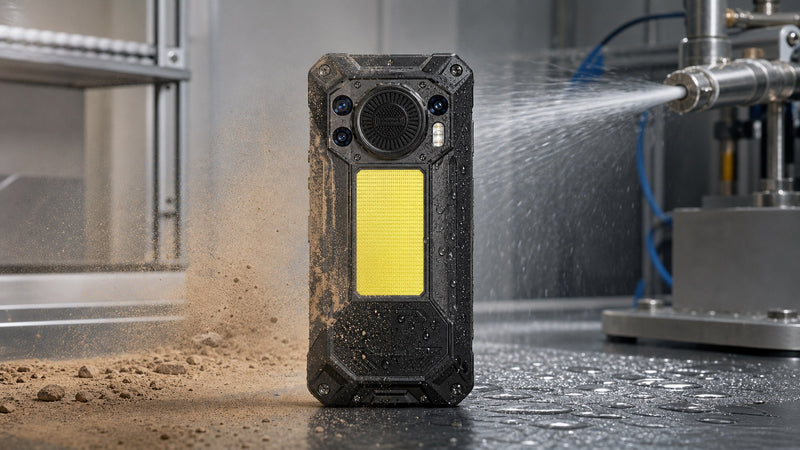 OUKITEL WP61 rugged phone shown between controlled dust and water-jet tests
