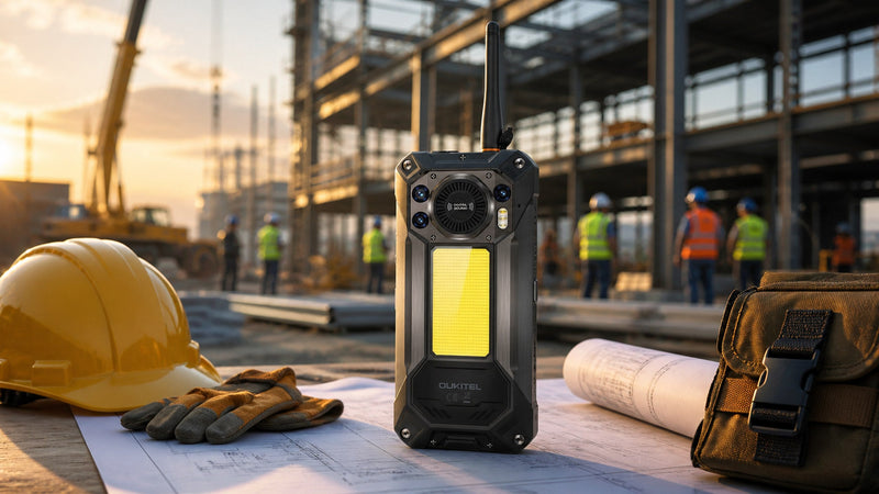 OUKITEL WP61 Plus rugged phone on construction plans at an active jobsite