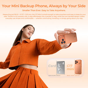Woman holding the ultra-compact C17 Mini smartphone, comparing its size to a standard credit card to show its portable dimensions.