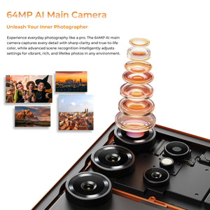 OUKITEL C26 with a 64MP AI main camera for sharp, lifelike photos and advanced scene recognition for vibrant, detailed shots.