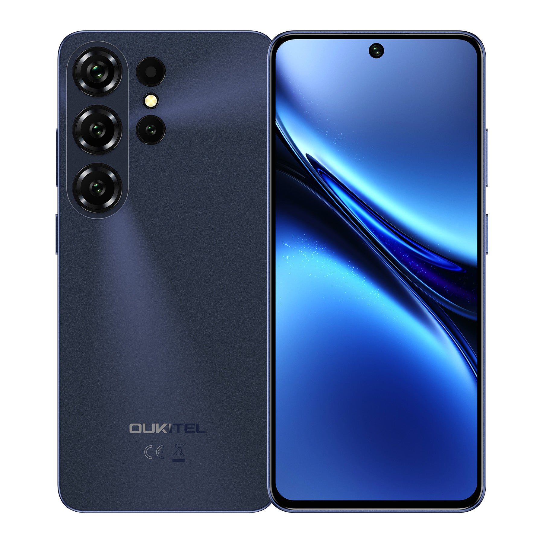OUKITEL C26 in blue, showcasing the front and back design with a 64MP camera setup and 6.63" display.