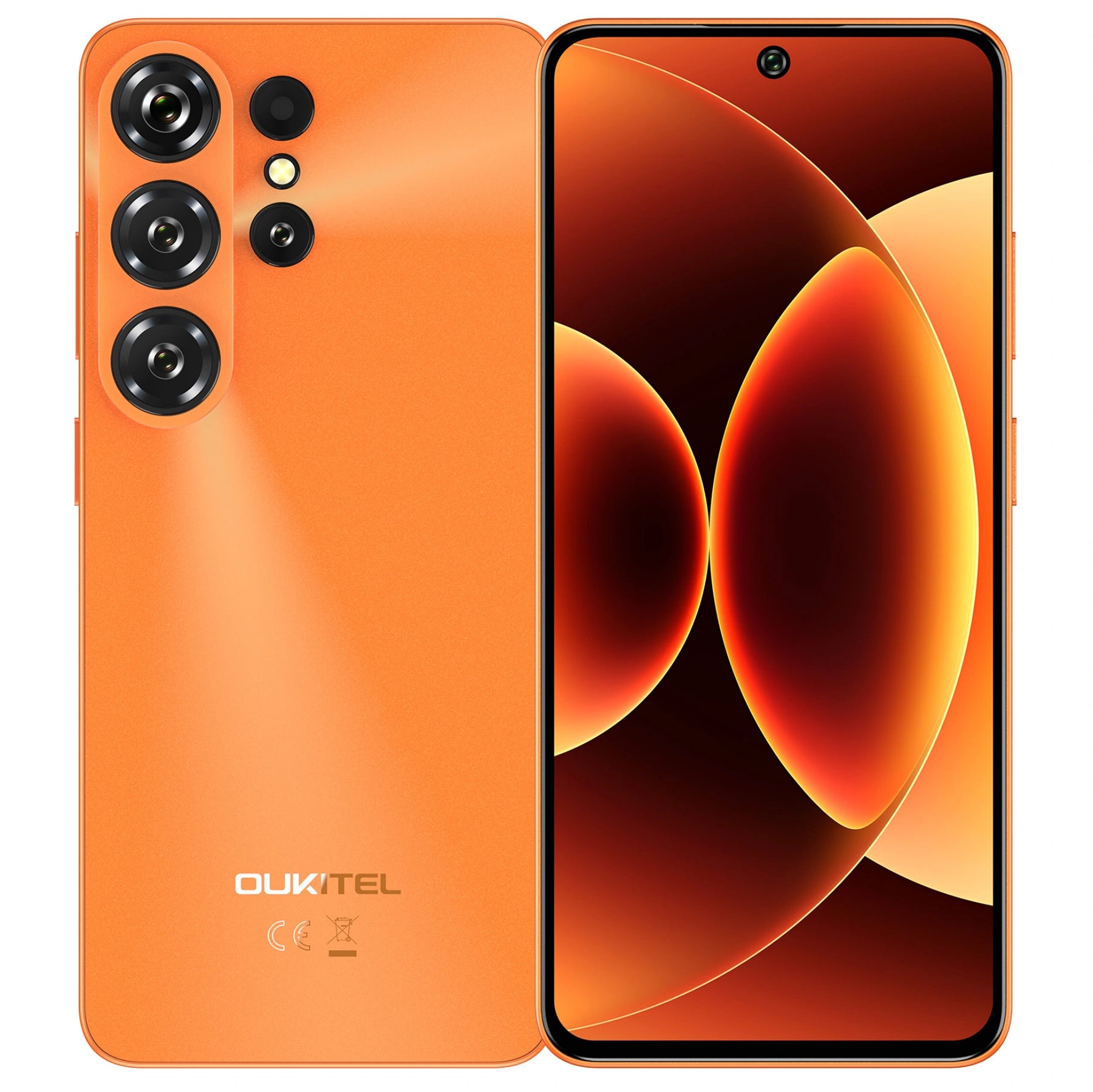 OUKITEL C26 in orange, showcasing the front and back design with a 64MP camera setup and 6.63" display.