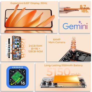 OUKITEL C26 smartphone featuring a 6.63" 90Hz display, 64MP camera, 24GB RAM + 128GB ROM, 5150mAh battery, and Android 16, designed with a sleek 185g, 8.7mm body for a premium user experience.