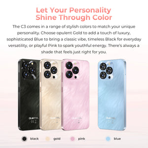 OUKITEL C3 smartphone available in black, gold, pink, and blue, featuring a stylish design and multiple color options.
