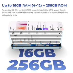 OUKITEL C5 smartphone with up to 16GB RAM (4GB+12GB) and 256GB ROM, offering smooth performance and the ability to expand storage up to 1TB, ensuring lag-free app launches and uninterrupted use.