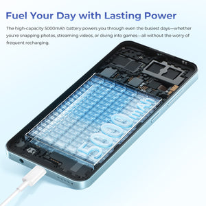 Close-up view of the OUKITEL C5 smartphone's high-capacity 5000mAh battery, offering lasting power for everyday use including gaming, streaming, and photography, without frequent recharging.