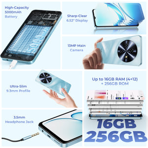 OUKITEL C5 smartphone featuring a high-capacity 5000mAh battery, sharp 6.52-inch display, 13MP main camera, ultra-slim 9.3mm profile, up to 16GB RAM and 256GB ROM, with 3.5mm headphone jack and modern design.
