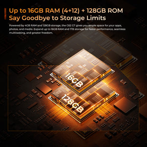 OUKITEL C62GT smartphone memory and storage highlight showing up to 16GB RAM (4GB + 12GB expansion) and 128GB internal storage, expandable up to 1TB, for faster performance, seamless multitasking, and freedom from storage limits.