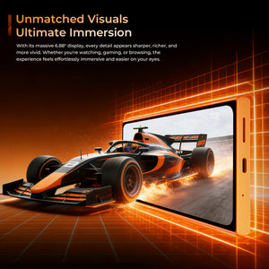 OUKITEL C62GT smartphone showcasing its massive 6.88-inch display delivering unmatched visuals and ultimate immersion, ideal for watching, gaming, and browsing.