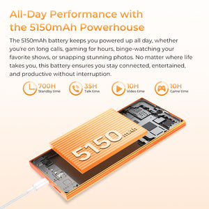 OUKITEL C72 smartphone with 5150mAh powerhouse battery offering 700 hours standby, 35 hours talk time, 10 hours video playback, and 10 hours gaming for all-day performance without interruption