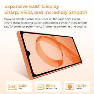 OUKITEL C72 smartphone with expansive 6.88-inch display, 90Hz refresh rate, and 16.7 million colors for sharp, vivid, and smooth visuals in gaming and streaming