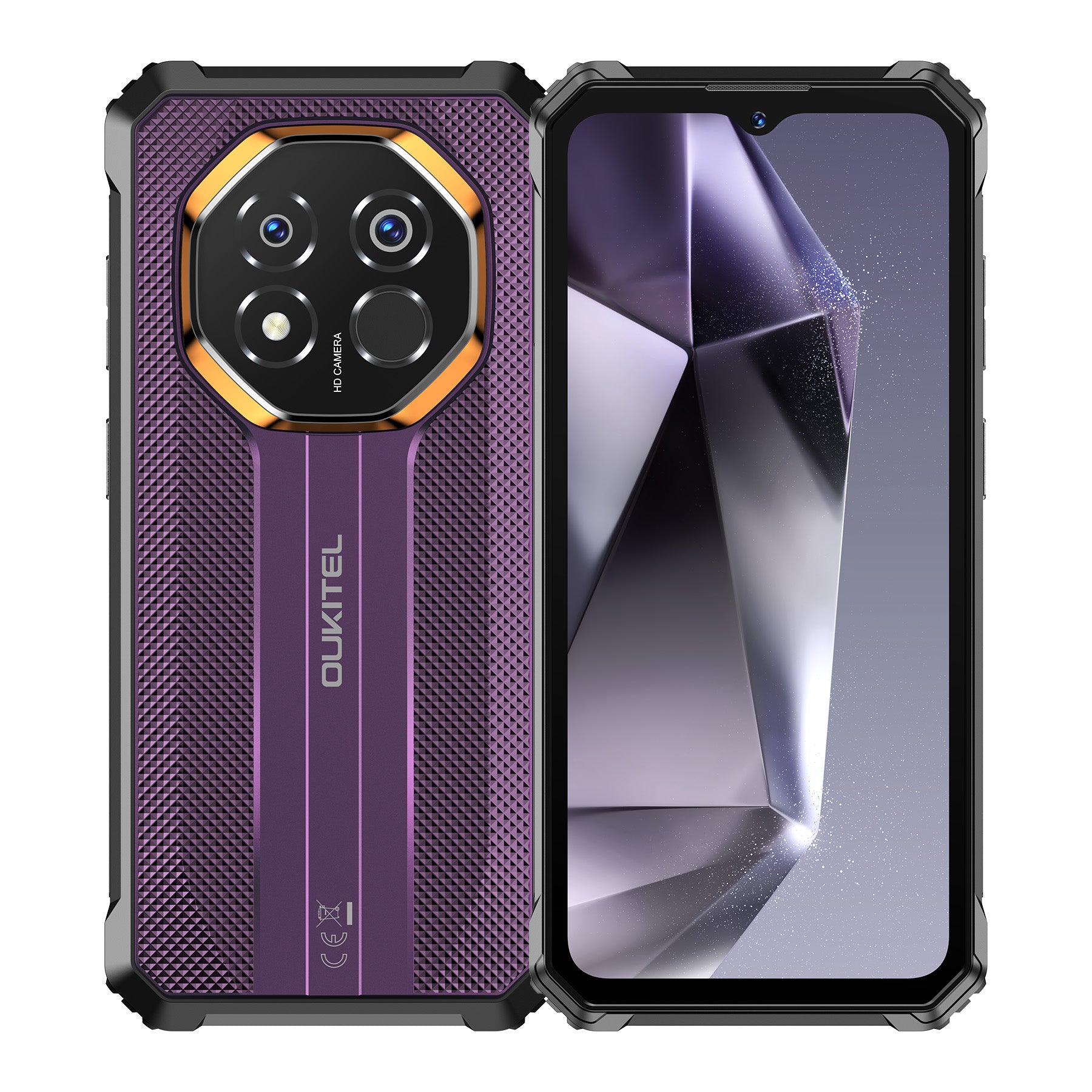 OUKITEL G7 rugged smartphone in purple showing front display and textured rear with triple camera setup, shockproof design, and durable build