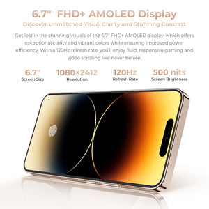 Oukitel P1 Pro smartphone featuring a 6.7-inch FHD+ AMOLED display with 1080x2412 resolution, 120Hz refresh rate, and 500 nits brightness for vibrant visuals and smooth performance.