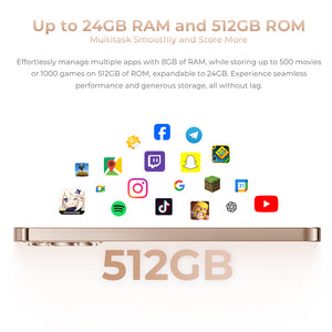 Oukitel P1 Pro smartphone with up to 24GB RAM and 512GB ROM, offering smooth multitasking, generous storage for apps, movies, and games without lag.