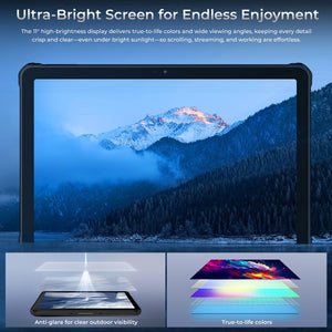 OUKITEL RT10 5G tablet with 11-inch ultra-bright display, anti-glare for outdoor use, and true-to-life colors for seamless viewing.