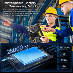 OUKITEL RT10 5G rugged tablet with 25,000mAh battery, providing up to 112 days standby, 19 hours video, and 232 hours talk time.