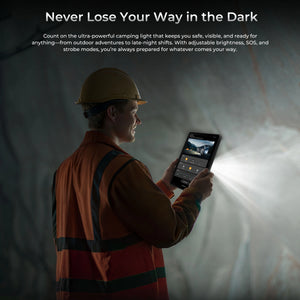 OUKITEL RT10 5G tablet with ultra-powerful camping light, featuring adjustable brightness, SOS, and strobe modes for outdoor safety.