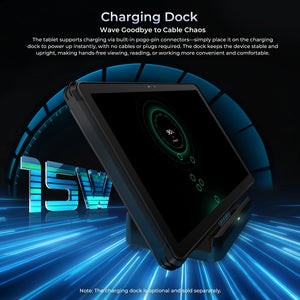 OUKITEL RT10 5G tablet with 15W charging dock, enabling cable-free charging and hands-free viewing or working.