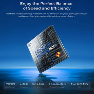 OUKITEL RT10 5G tablet powered by MediaTek Dimensity 7400X, featuring 2.5GHz octa-core processor, 4nm process, and Mali-G615 GPU for smooth performance.