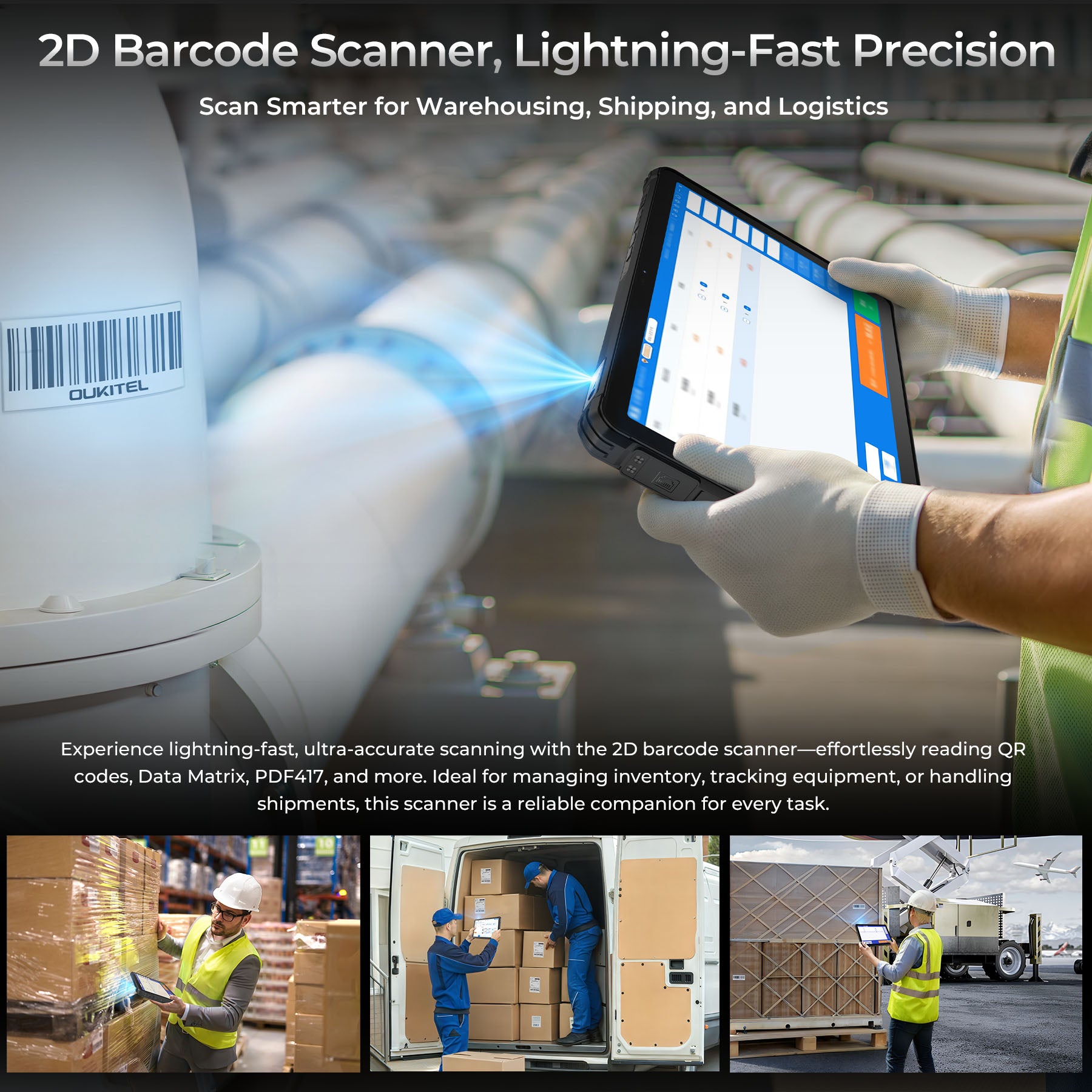 OUKITEL RT10 Industry with 2D barcode scanner, ideal for warehousing, shipping, and logistics. Effortlessly scans QR codes, Data Matrix, PDF417, and more for efficient inventory and equipment tracking.