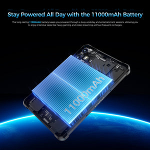 OUKITEL RT3 Plus tablet featuring a long-lasting 11,000mAh battery, designed to power through heavy gaming, video streaming, and intensive tasks without frequent recharges.