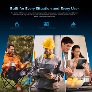 OUKITEL RT3 Plus tablet designed for adventurers, outdoor workers, and families. Durable and versatile, it handles rough play, spills, drops, and scratches, making it a reliable companion for various activities.