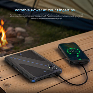 OUKITEL RT3 Plus tablet with reverse charging capability, allowing you to power phones, USB devices, and other gadgets without a power bank, providing portable power for outdoor and emergency use.
