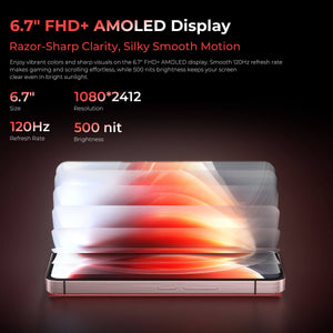 Oukitel WP210 5G rugged phone with 6.7-inch FHD+ AMOLED display offering vibrant colors, deep blacks, and sharp resolution