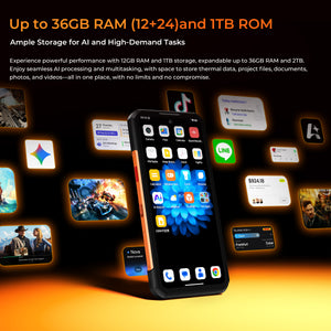 OUKITEL WP500 rugged phone with up to 36GB RAM (12GB + 24GB virtual) and 1TB internal storage expandable to 2TB, offering ample space for AI tasks, multitasking, documents, photos, and videos