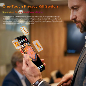 OUKITEL WP500 Ultra rugged smartphone with one-touch Privacy Kill Switch, providing instant camera, microphone and GPS disable control for privacy protection and secure communication.