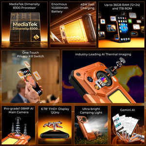 OUKITEL WP500 Ultra Rugged Phone with AI Thermal Imaging, 10000mAh Battery, 80MP Camera and 120Hz Display