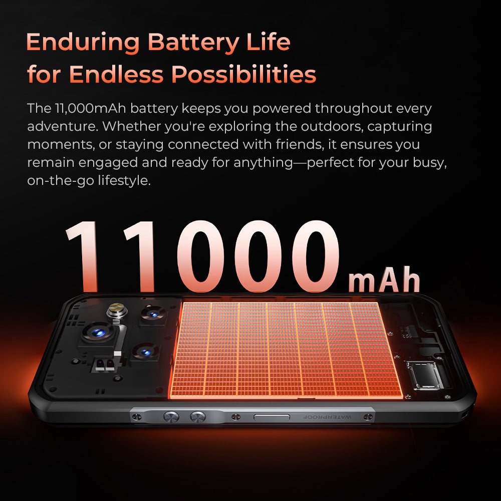 Oukitel WP55 Pro 5G rugged phone with 11000mAh battery for all-day power, ideal for heavy use like gaming, streaming, and long calls