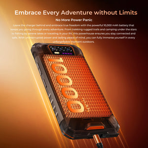 OUKITEL WP58 PRO rugged smartphone with a powerful 10,000mAh battery, perfect for outdoor adventures like trekking, camping, or RV trips.