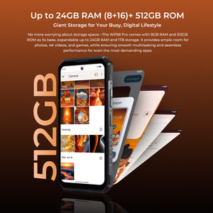 OUKITEL WP58 PRO smartphone with up to 24GB RAM (8GB+16GB) and 512GB ROM, expandable to 1TB.