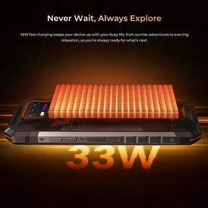 OUKITEL WP58 PRO rugged smartphone with 33W fast charging, ensuring your device stays powered throughout your busy day, from outdoor adventures to evening relaxation.