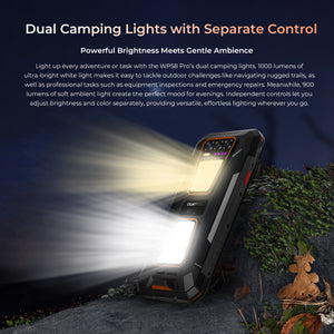 OUKITEL WP58 PRO rugged phone with dual camping lights, featuring 1000 lumens of white light and 900 lumens of ambient light, with independent controls for brightness and color.