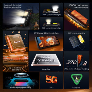 OUKITEL WP58 PRO rugged smartphone with 10,000mAh battery, 33W fast charging, 24GB RAM, 64MP camera, 5G, and 6.7" 120Hz display.