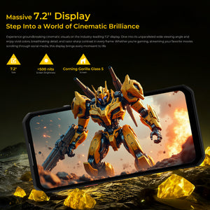 Oukitel WP60 rugged smartphone featuring a massive 7.2-inch HD+ display with over 500 nits brightness and Corning Gorilla Glass 5 protection for immersive cinematic visuals.