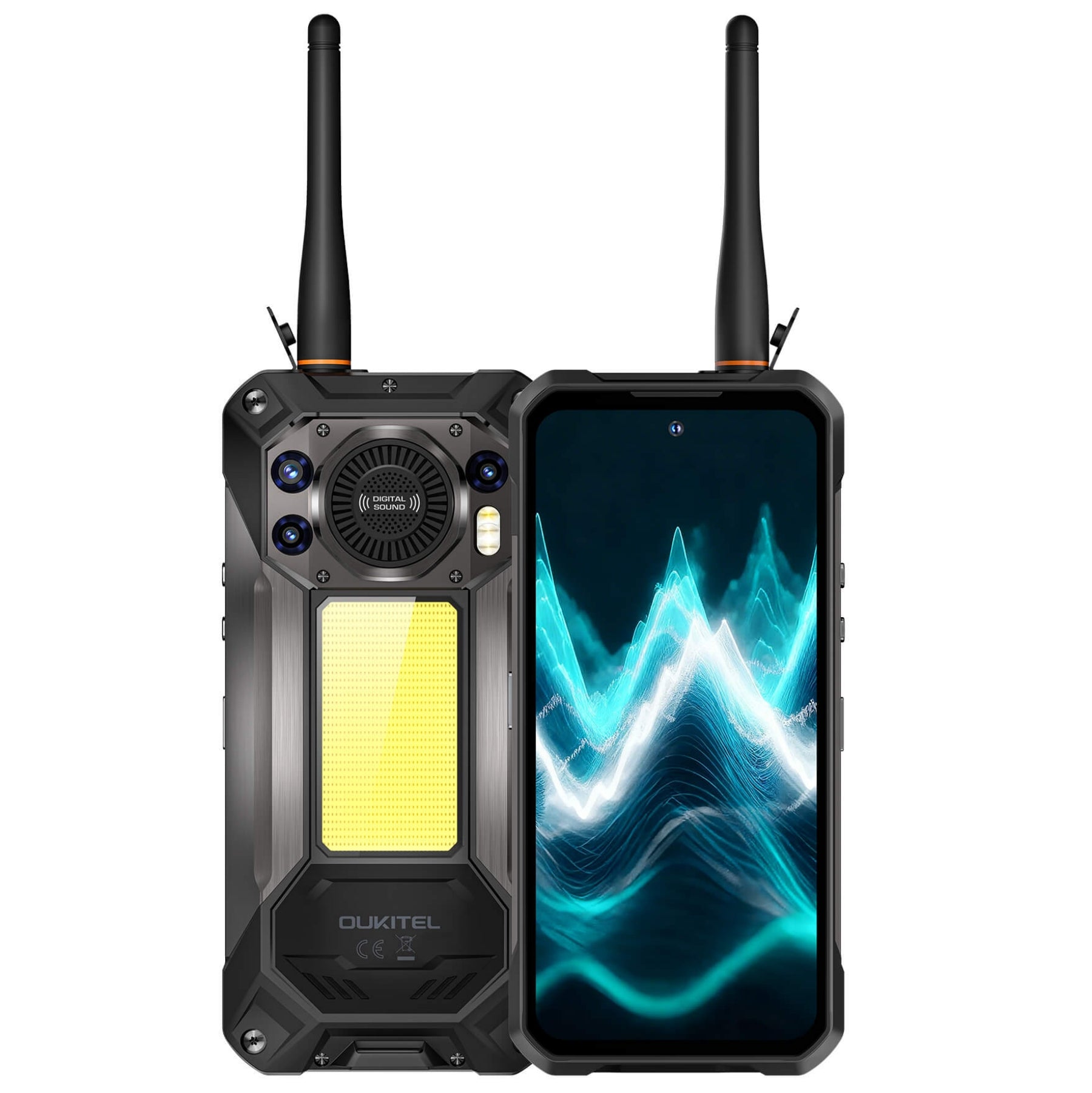 WP61 Plus Rugged Phone featuring 2W DMR walkie-talkie for professional communication, massive 20,000mAh battery with 45W fast charging, 108MP triple-camera setup, super-bright 1200-lumen camping light, up to 36GB RAM and 512GB ROM, MediaTek Dimensity 7025 5G processor, and giant 6.78" FHD+ 120Hz display with Android 16.