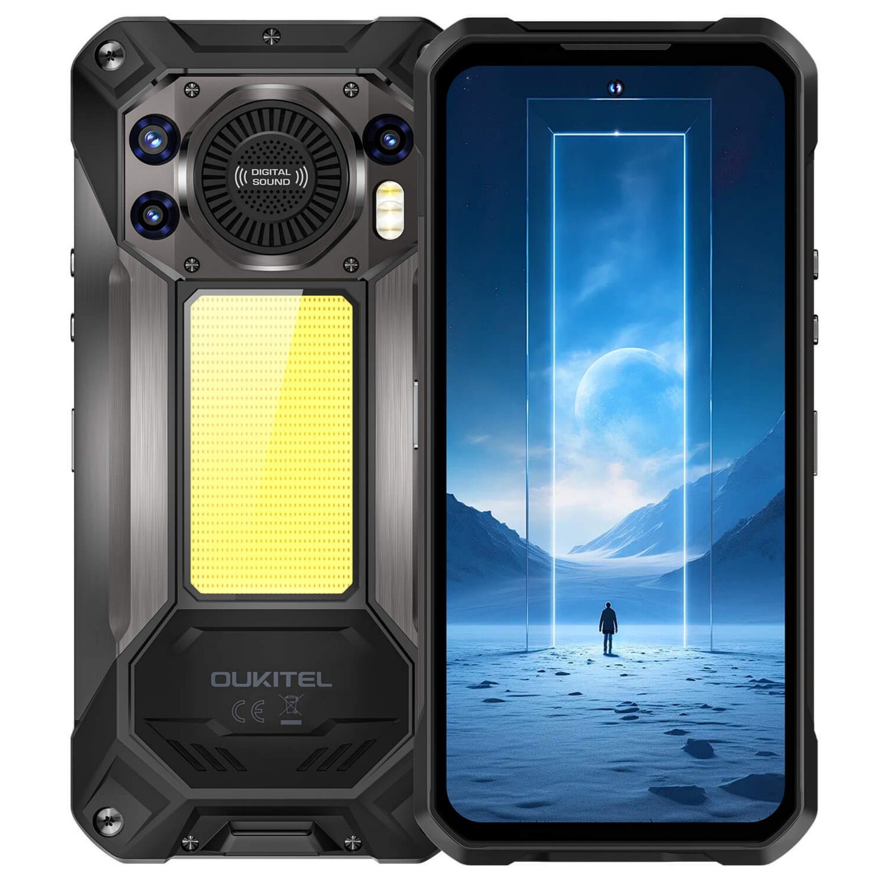 WP61 Rugged Phone featuring massive 20,000mAh battery with 45W fast charging, MediaTek Dimensity 7025 5G processor, 108MP triple-camera setup, super-bright 1200-lumen camping light, ultra-loud 5W speaker, up to 36GB RAM and 512GB ROM, and giant 6.78" FHD+ 120Hz display with Android 16 and Gemini AI.