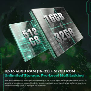 OUKITEL WP62 smartphone with up to 48GB RAM (16GB + 32GB) and 512GB ROM, offering powerful storage and pro-level multitasking capabilities.