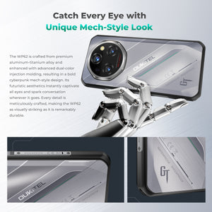 OUKITEL WP62 rugged smartphone with unique mech-style industrial design, premium aluminum-titanium alloy body, cyberpunk aesthetics, and shockproof waterproof construction